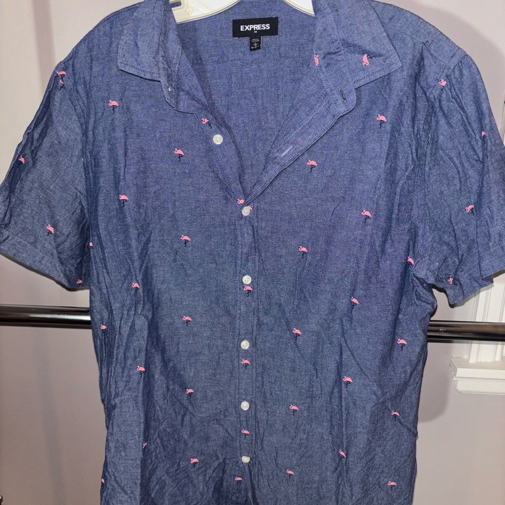 Express Blue Short Sleeve Shirt with Pink Flamingo Design